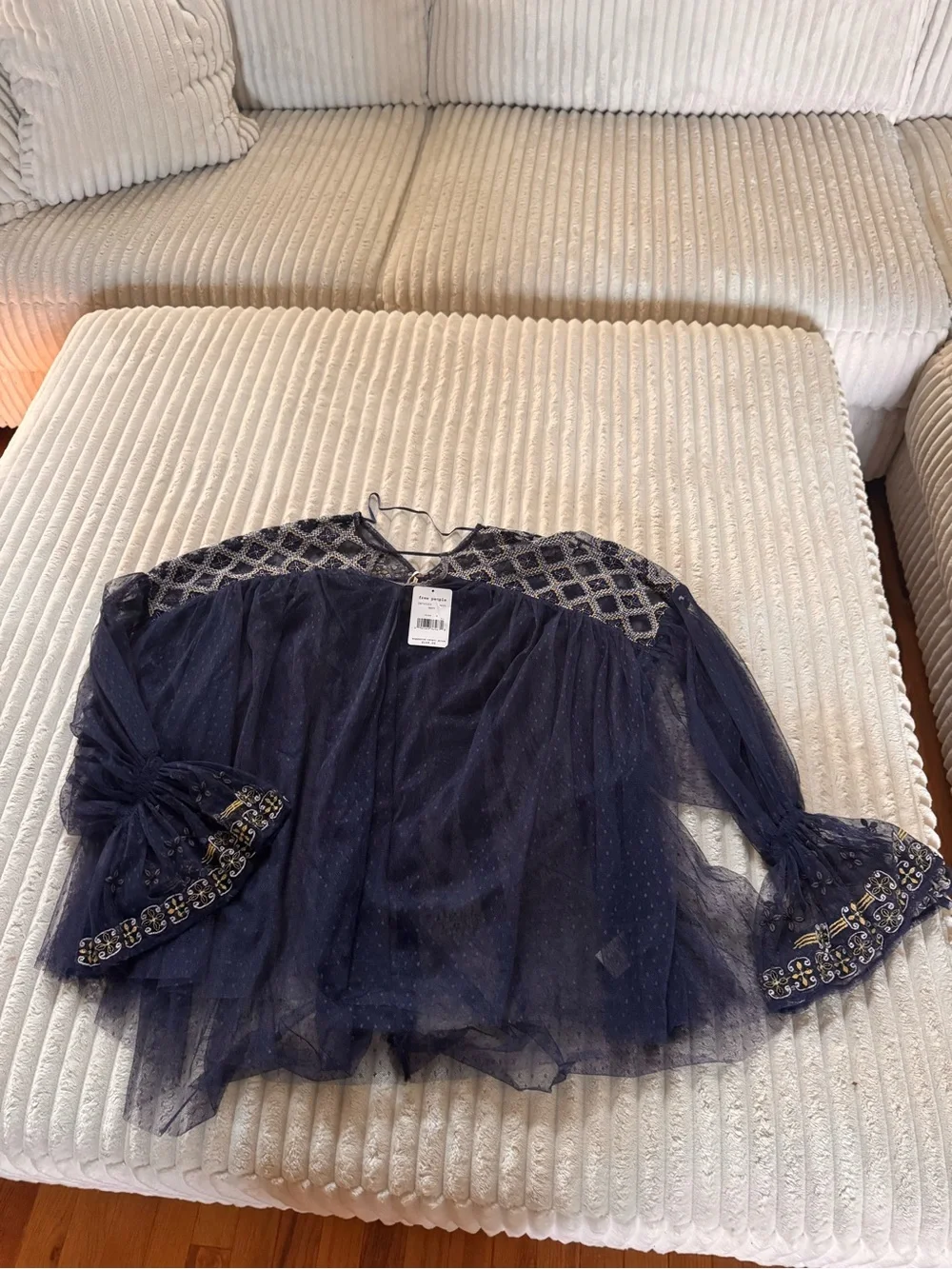 MSRP $148 FREE PEOPLE WOMEN'S NAVY BLUE EMBROIDERED MESH JOYRIDE SHEER TOP Sz S